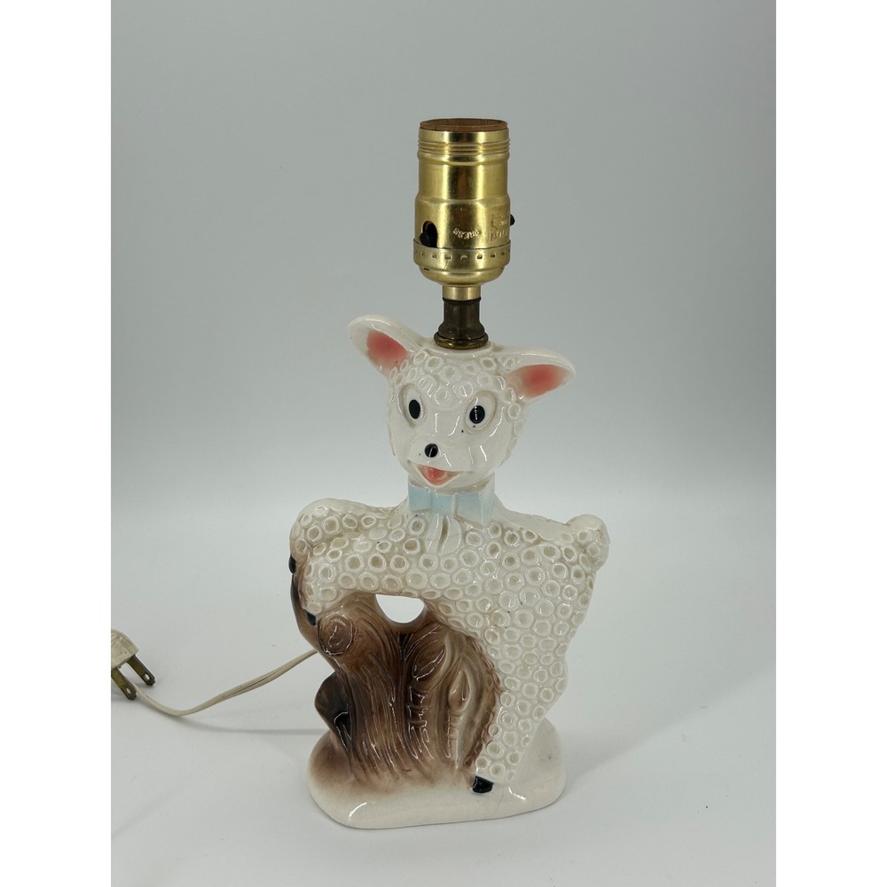Vintage Wales Japan Ceramic Lamb Sheep Table Lamp Nursery Kitsch MCM Working
